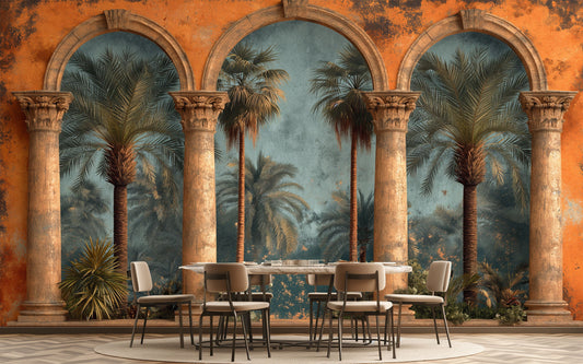Stone Arches Self Adhesive Tropical Wallpaper – room setting, Golden Era Walls
