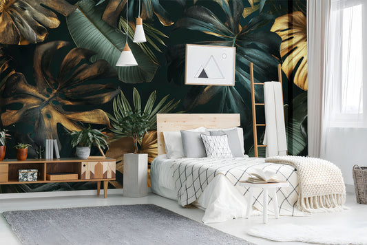 Black gold tropical leaves Tropical Wallpaper – room setting, Golden Era Walls