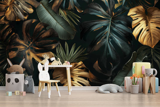 Black gold tropical leaves Tropical Wallpaper – detail view, Golden Era Walls