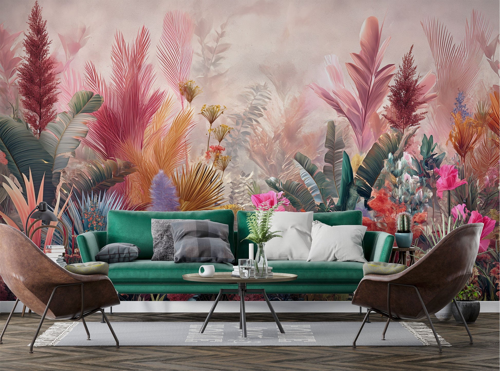 Blue green floral Modern Floral Wallpaper Pattern – scale reference, Golden Era Walls