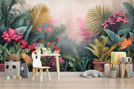 Foggy Tropical Landscape Garden Floral Wallpaper – room setting, Golden Era Walls