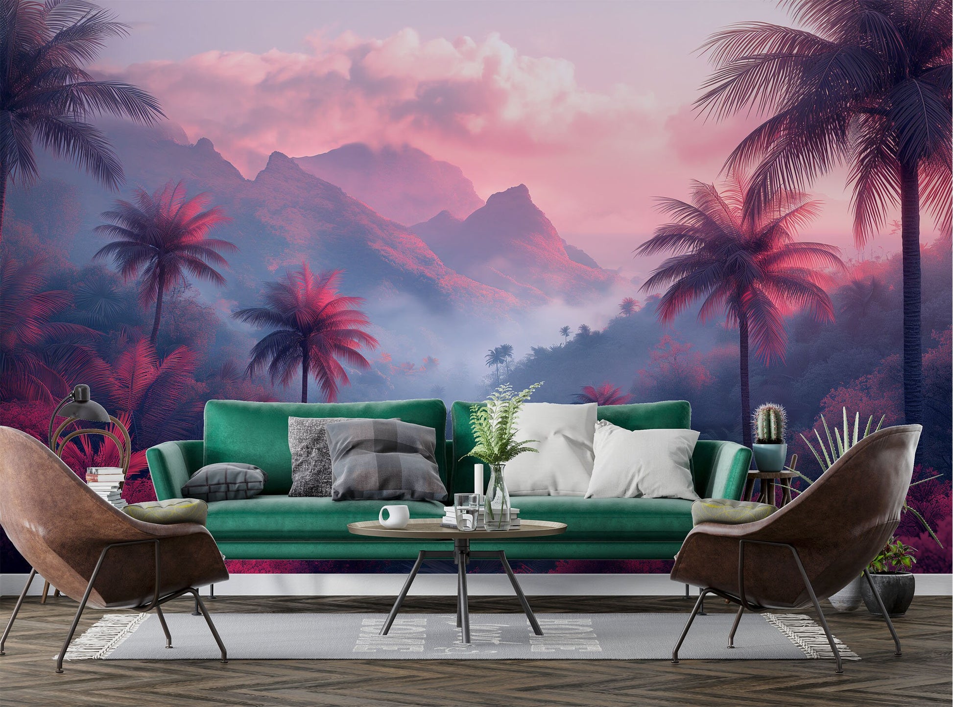 Pink Palm Trees Foggy Tropical Wallpaper – detail view, Golden Era Walls