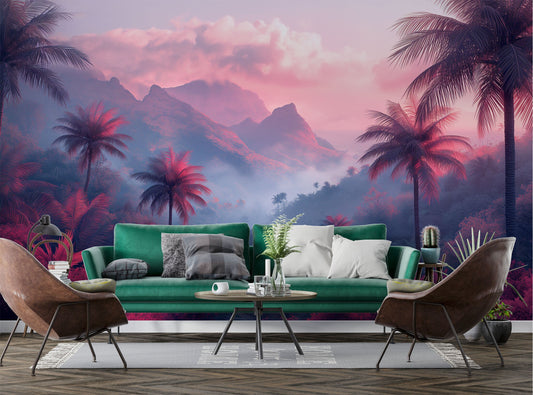 Pink Palm Trees Foggy Tropical Wallpaper – detail view, Golden Era Walls