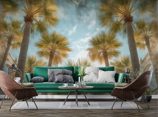 Palm Tree Watercolor Decal Tropical Wallpaper – peel and stick wallpaper mural, Golden Era Walls