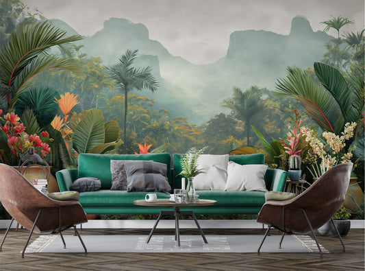 Watercolor Jungle Landscape Backdrop Tropical Wallpaper – room setting, Golden Era Walls