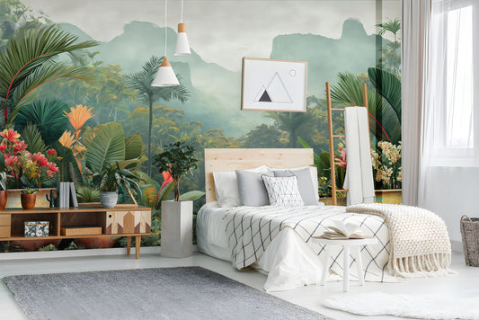 Watercolor Jungle Landscape Backdrop Tropical Wallpaper – lifestyle view, Golden Era Walls