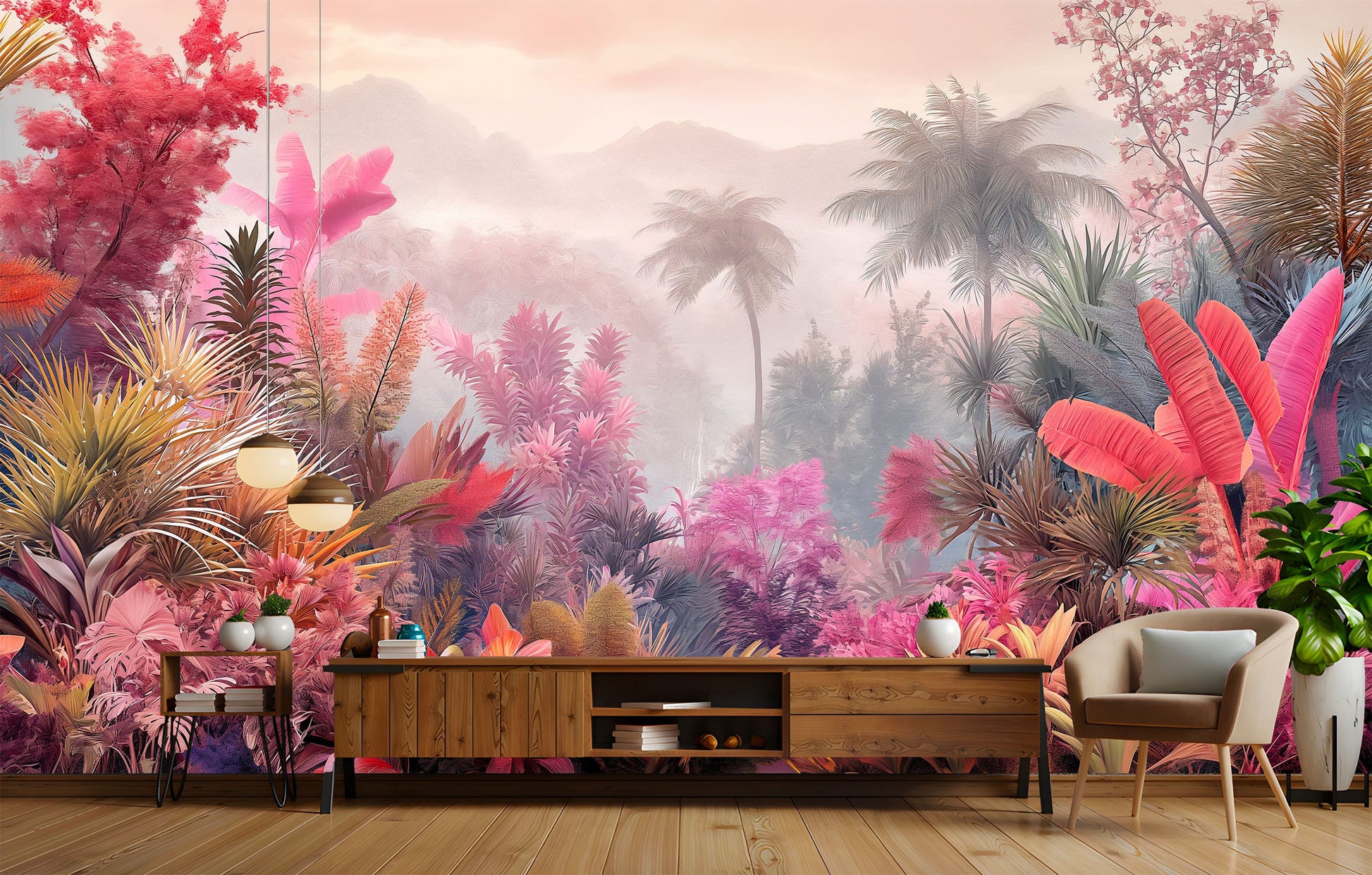 Pink Customize Watercolor Forest Tropical Wallpaper – lifestyle view, Golden Era Walls