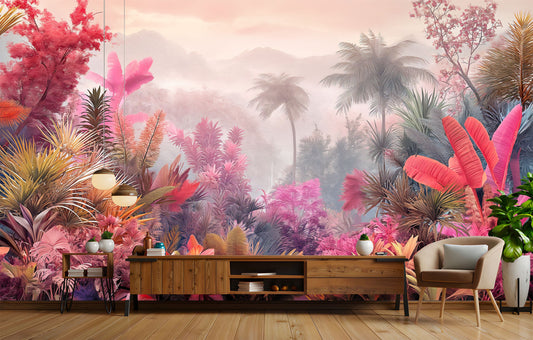 Pink Customize Watercolor Forest Tropical Wallpaper – lifestyle view, Golden Era Walls