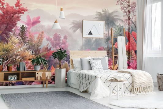 Pink Customize Watercolor Forest Tropical Wallpaper – room setting, Golden Era Walls