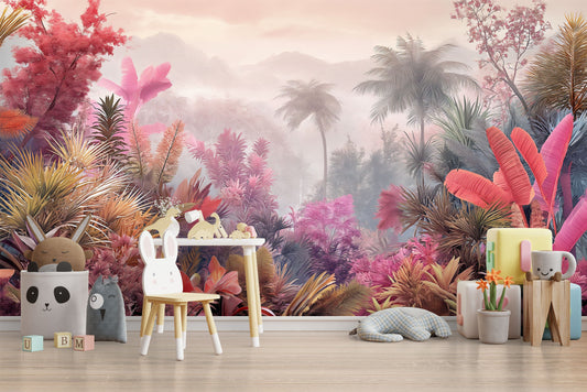 Pink Customize Watercolor Forest Tropical Wallpaper – detail view, Golden Era Walls