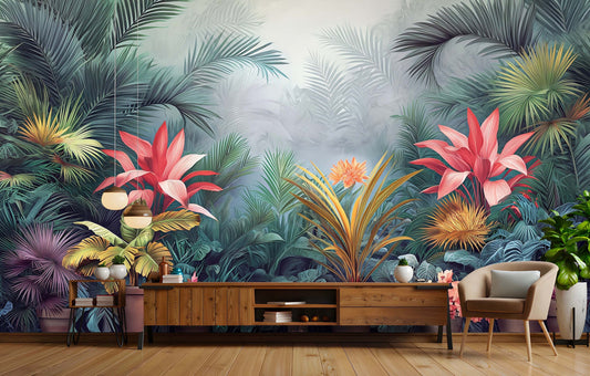 Self Adhesive Vibrant Tropical Floral Wallpaper – detail view, Golden Era Walls