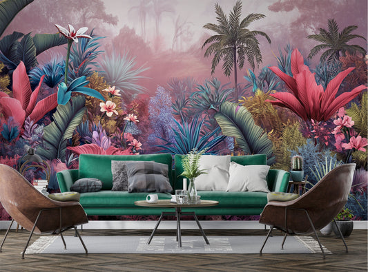 Stunning Greenery Watercolor Rainforest Tropical Wallpaper – lifestyle view, Golden Era Walls