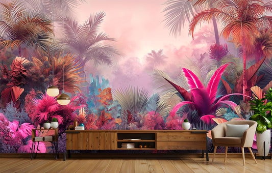 Colorful Tropical Plant Vintage Tropical Wallpaper – lifestyle view, Golden Era Walls