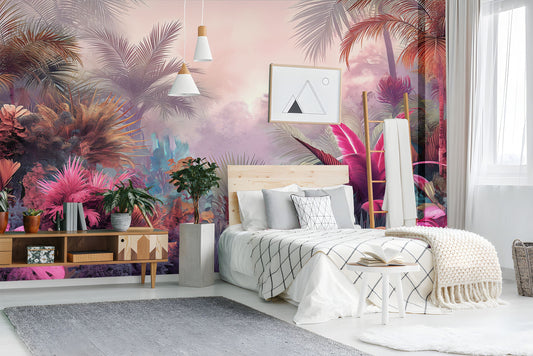 Colorful Tropical Plant Vintage Tropical Wallpaper – room setting, Golden Era Walls