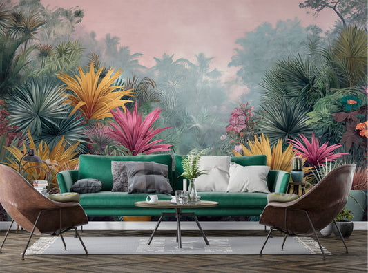 Tropical Vintage Botanical Landscape Floral Wallpaper – room setting, Golden Era Walls