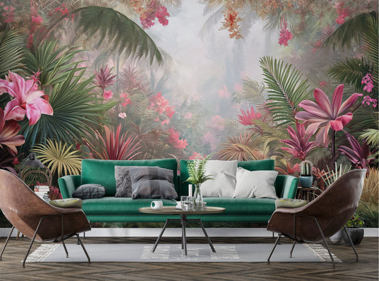 Vibrant Tropical Forest Painting Tropical Wallpaper – lifestyle view, Golden Era Walls
