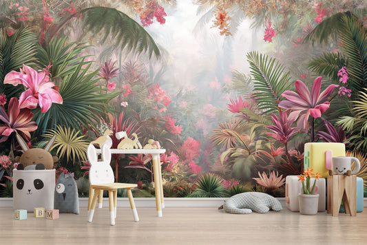 Vibrant Tropical Forest Painting Tropical Wallpaper – detail view, Golden Era Walls