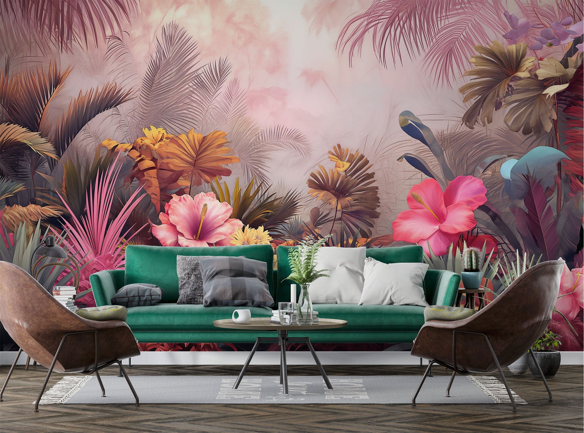 Modern Colorful Watercolor Tropical Floral Wallpaper – room setting, Golden Era Walls