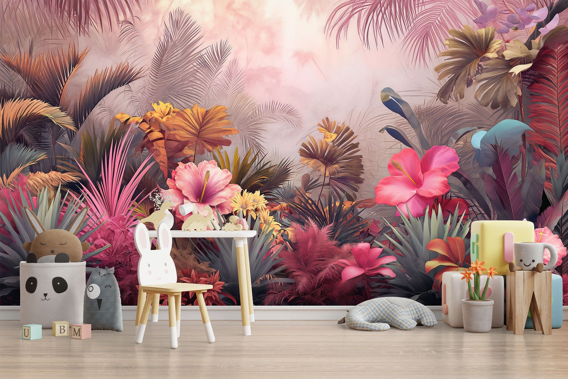Modern Colorful Watercolor Tropical Floral Wallpaper – detail view, Golden Era Walls