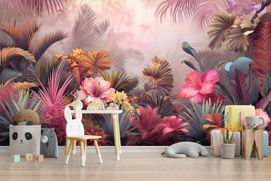 Modern Colorful Watercolor Tropical Floral Wallpaper – detail view, Golden Era Walls