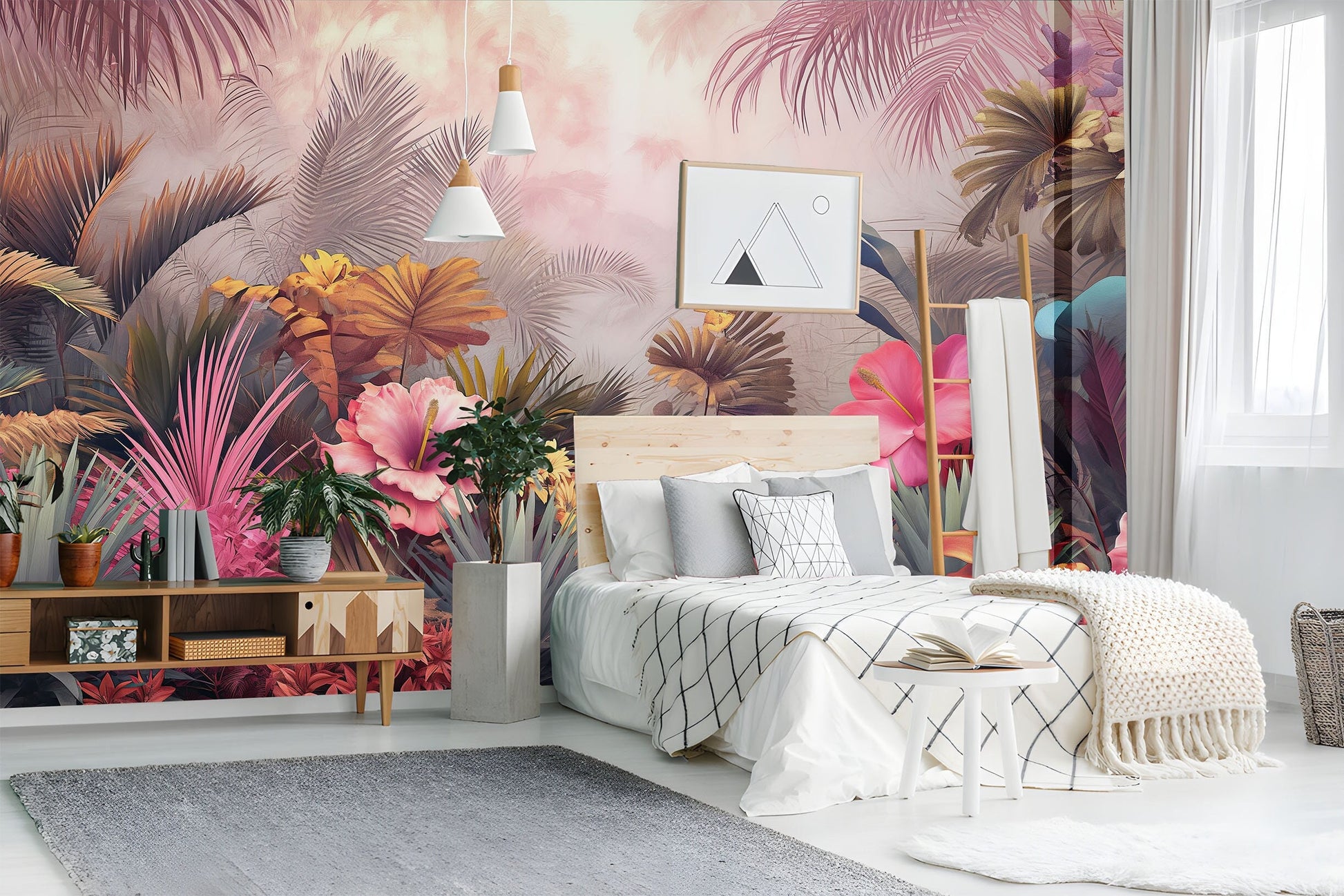 Modern Colorful Watercolor Tropical Floral Wallpaper – peel and stick wallpaper mural, Golden Era Walls