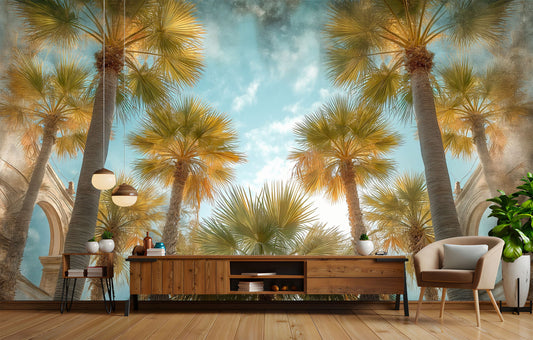 Palm Tree Watercolor Decal Tropical Wallpaper – lifestyle view, Golden Era Walls
