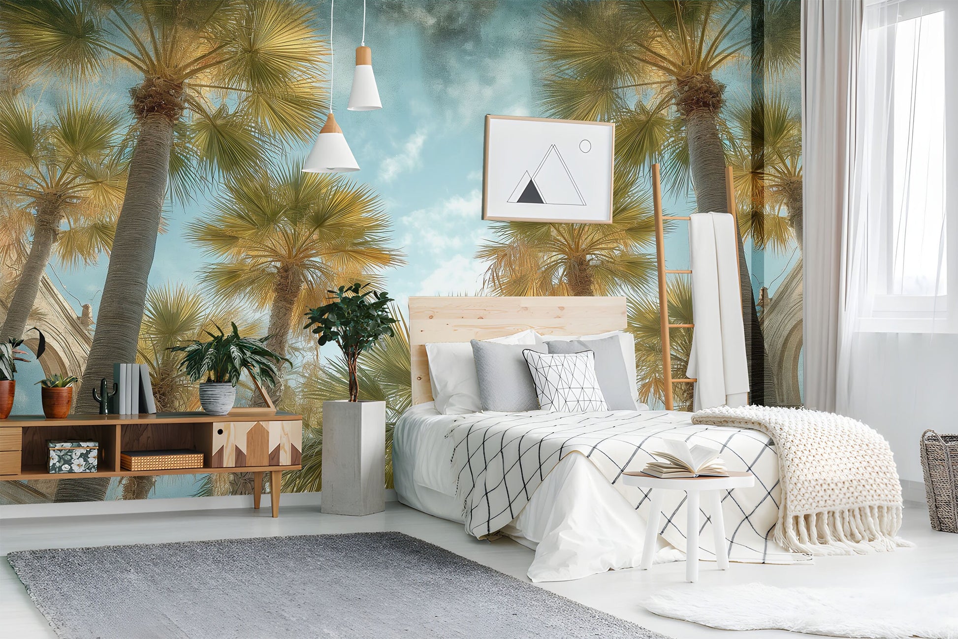 Palm Tree Watercolor Decal Tropical Wallpaper – room setting, Golden Era Walls