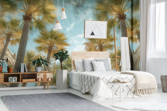 Palm Tree Watercolor Decal Tropical Wallpaper – room setting, Golden Era Walls