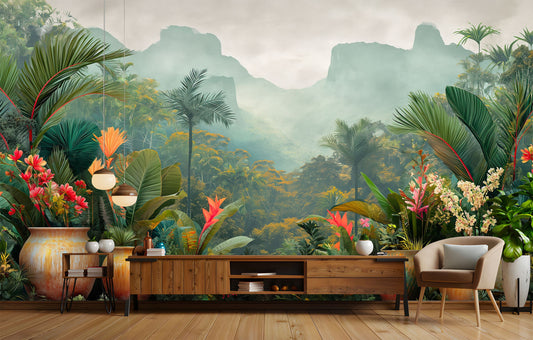 Watercolor Jungle Landscape Backdrop Tropical Wallpaper – peel and stick wallpaper mural, Golden Era Walls