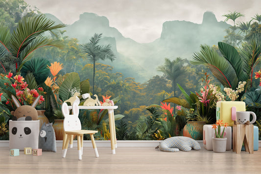 Watercolor Jungle Landscape Backdrop Tropical Wallpaper – detail view, Golden Era Walls
