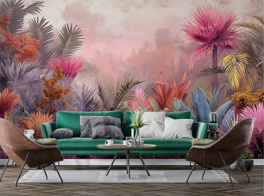 Pink Rainforest Landscape Watercolors Tropical Wallpaper – lifestyle view, Golden Era Walls