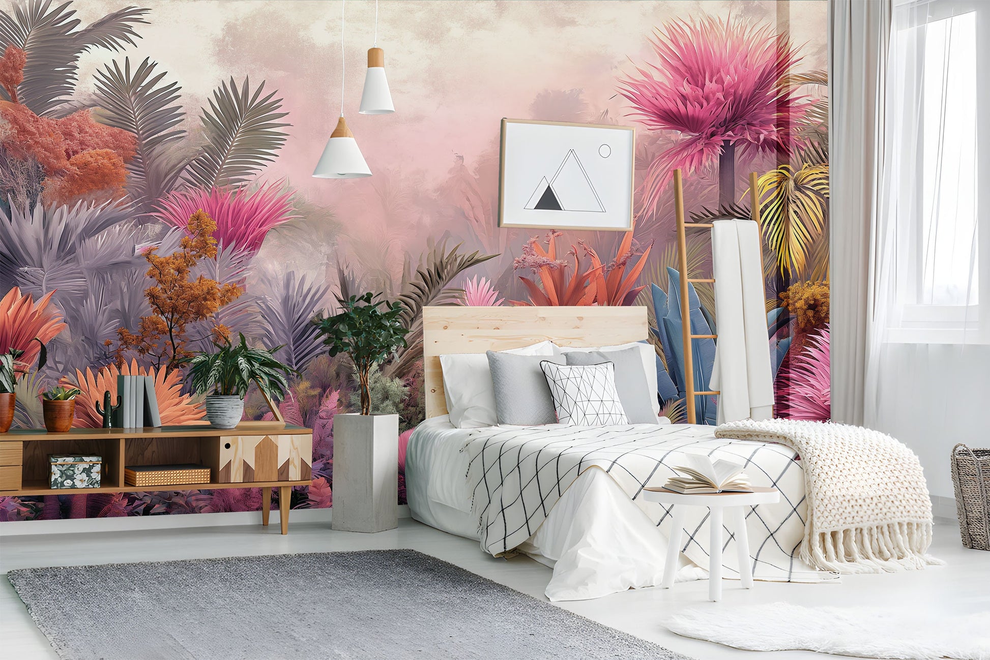 Pink Rainforest Landscape Watercolors Tropical Wallpaper – room setting, Golden Era Walls