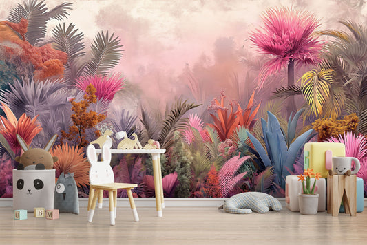 Pink Rainforest Landscape Watercolors Tropical Wallpaper – detail view, Golden Era Walls