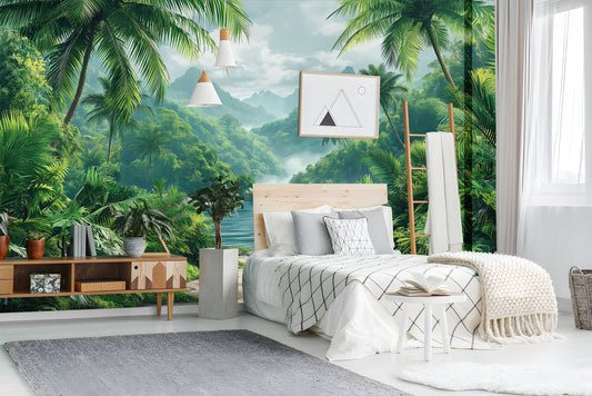 Rainforest Trees Tropical Forest Tropical Wallpaper – lifestyle view, Golden Era Walls