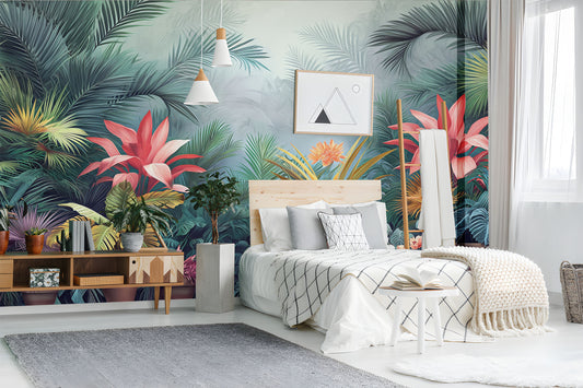 Self Adhesive Vibrant Tropical Floral Wallpaper – lifestyle view, Golden Era Walls