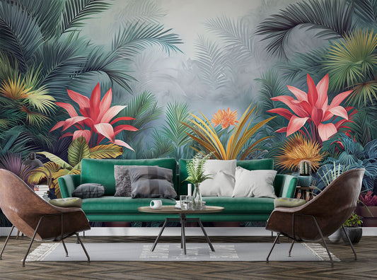 Self Adhesive Vibrant Tropical Floral Wallpaper – room setting, Golden Era Walls