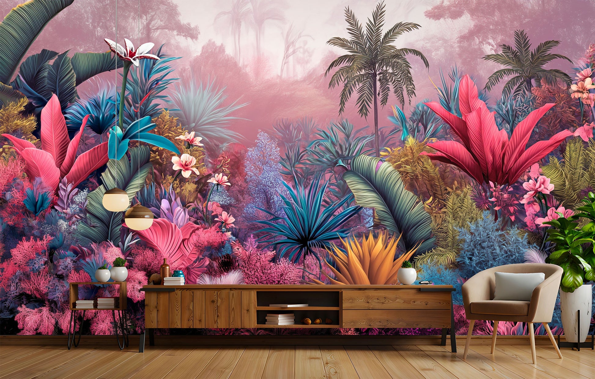 Stunning Greenery Watercolor Rainforest Tropical Wallpaper – room setting, Golden Era Walls