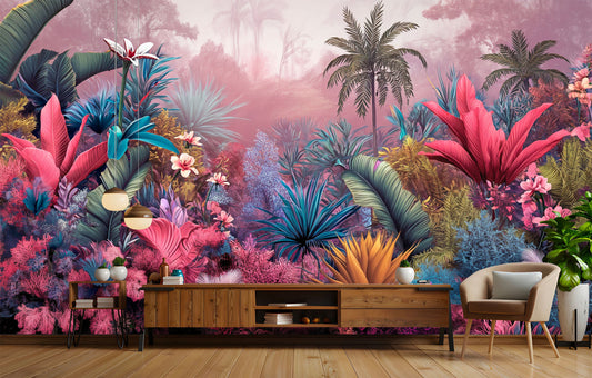 Stunning Greenery Watercolor Rainforest Tropical Wallpaper – room setting, Golden Era Walls
