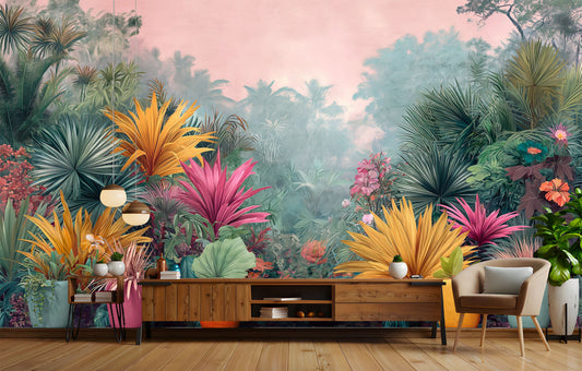 Tropical Vintage Botanical Landscape Floral Wallpaper – lifestyle view, Golden Era Walls