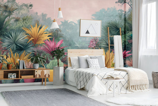 Tropical Vintage Botanical Landscape Floral Wallpaper – detail view, Golden Era Walls
