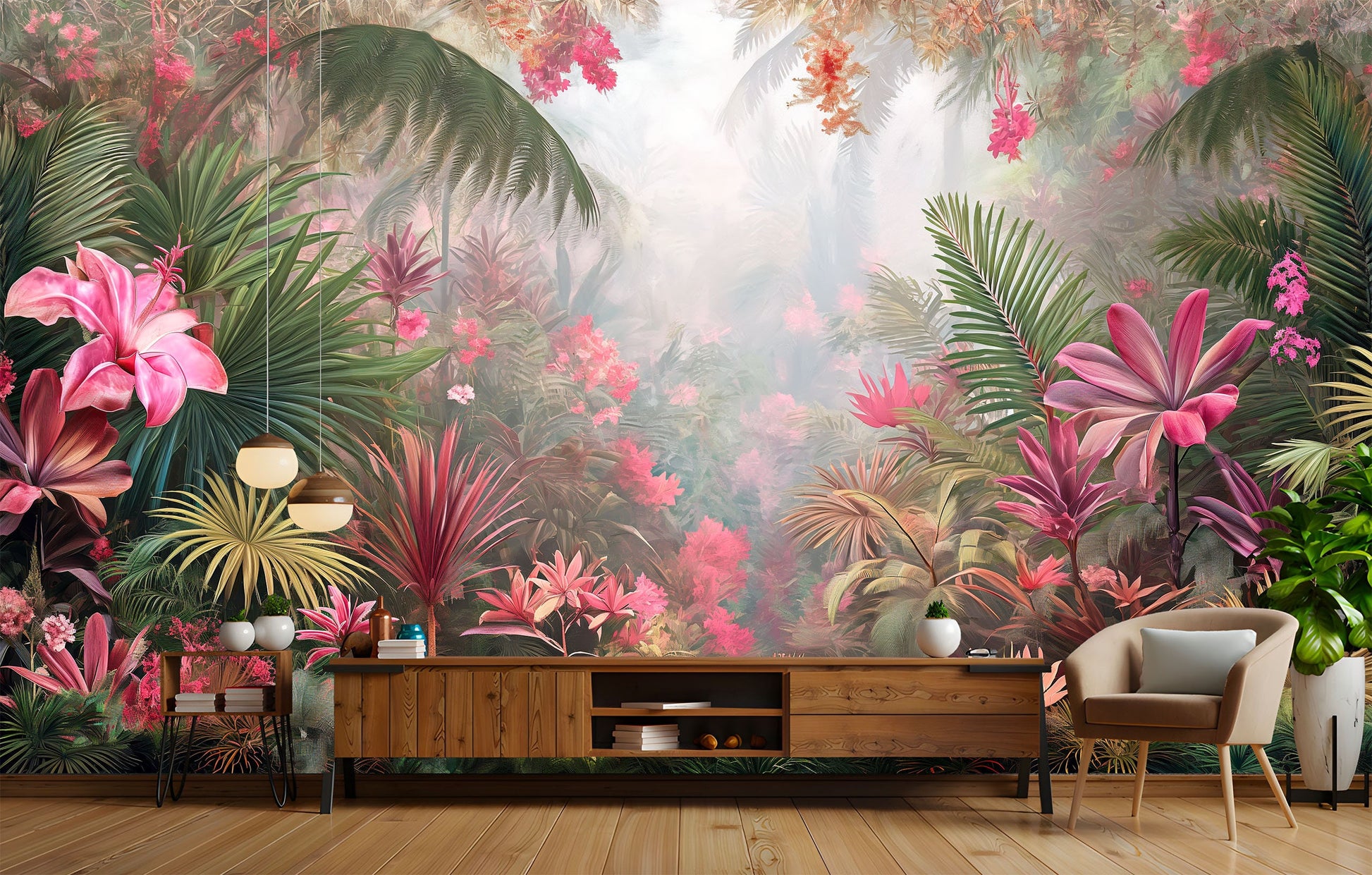 Vibrant Tropical Forest Painting Tropical Wallpaper – room setting, Golden Era Walls