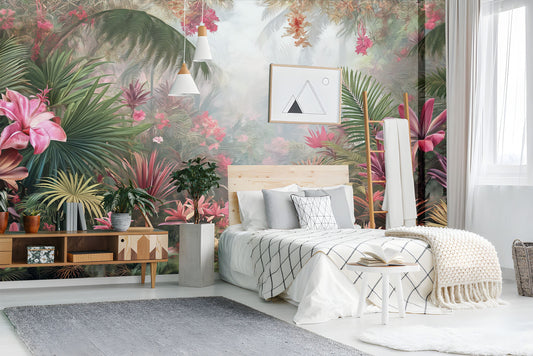 Vibrant Tropical Forest Painting Tropical Wallpaper – peel and stick wallpaper mural, Golden Era Walls