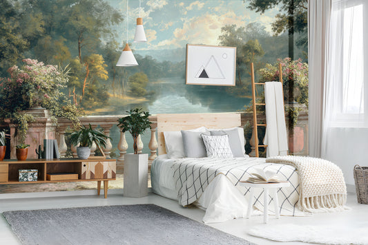 Peaceful Watercolor Pine Trees Tropical Wallpaper – room setting, Golden Era Walls
