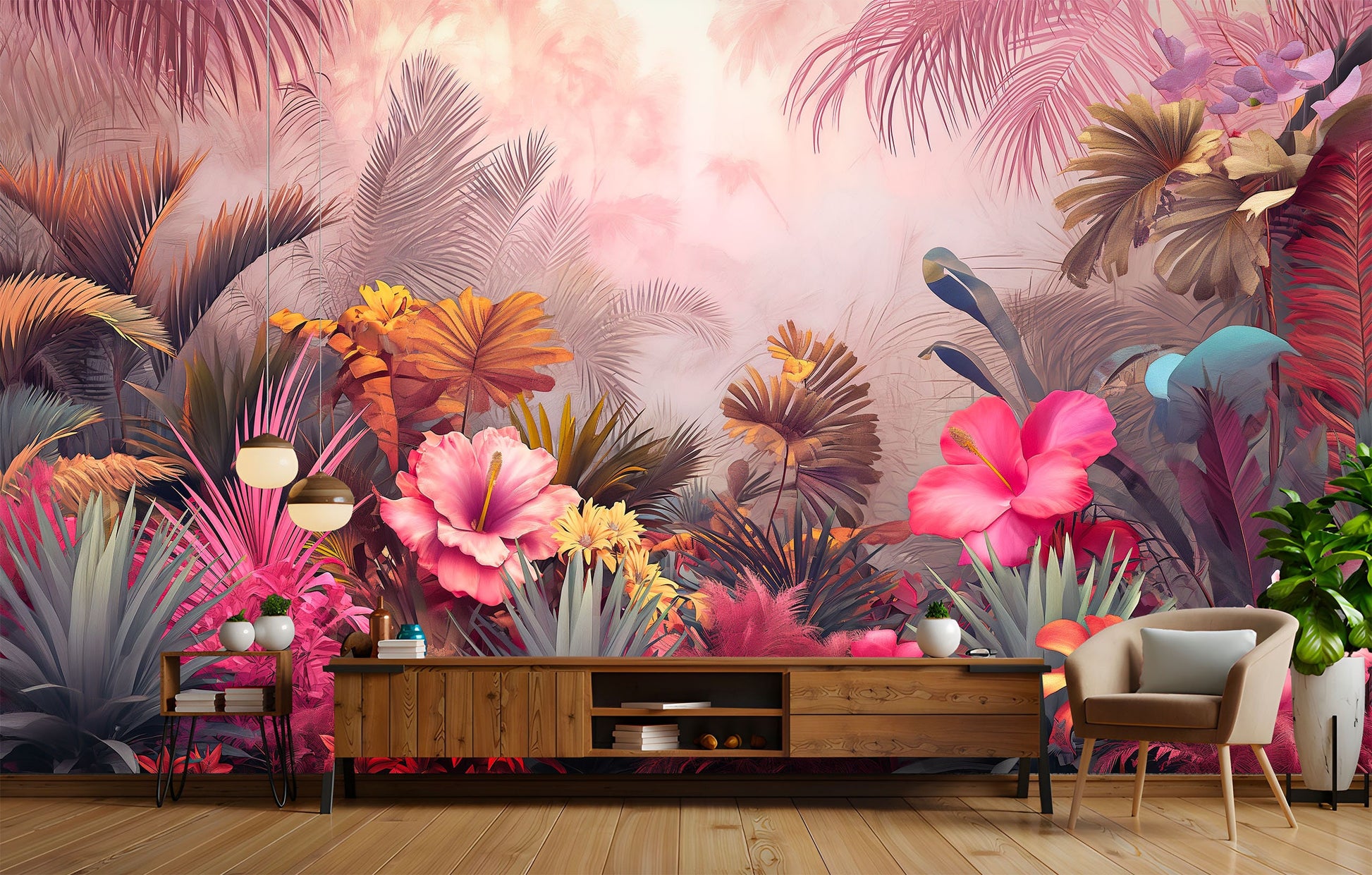 Modern Colorful Watercolor Tropical Floral Wallpaper – lifestyle view, Golden Era Walls