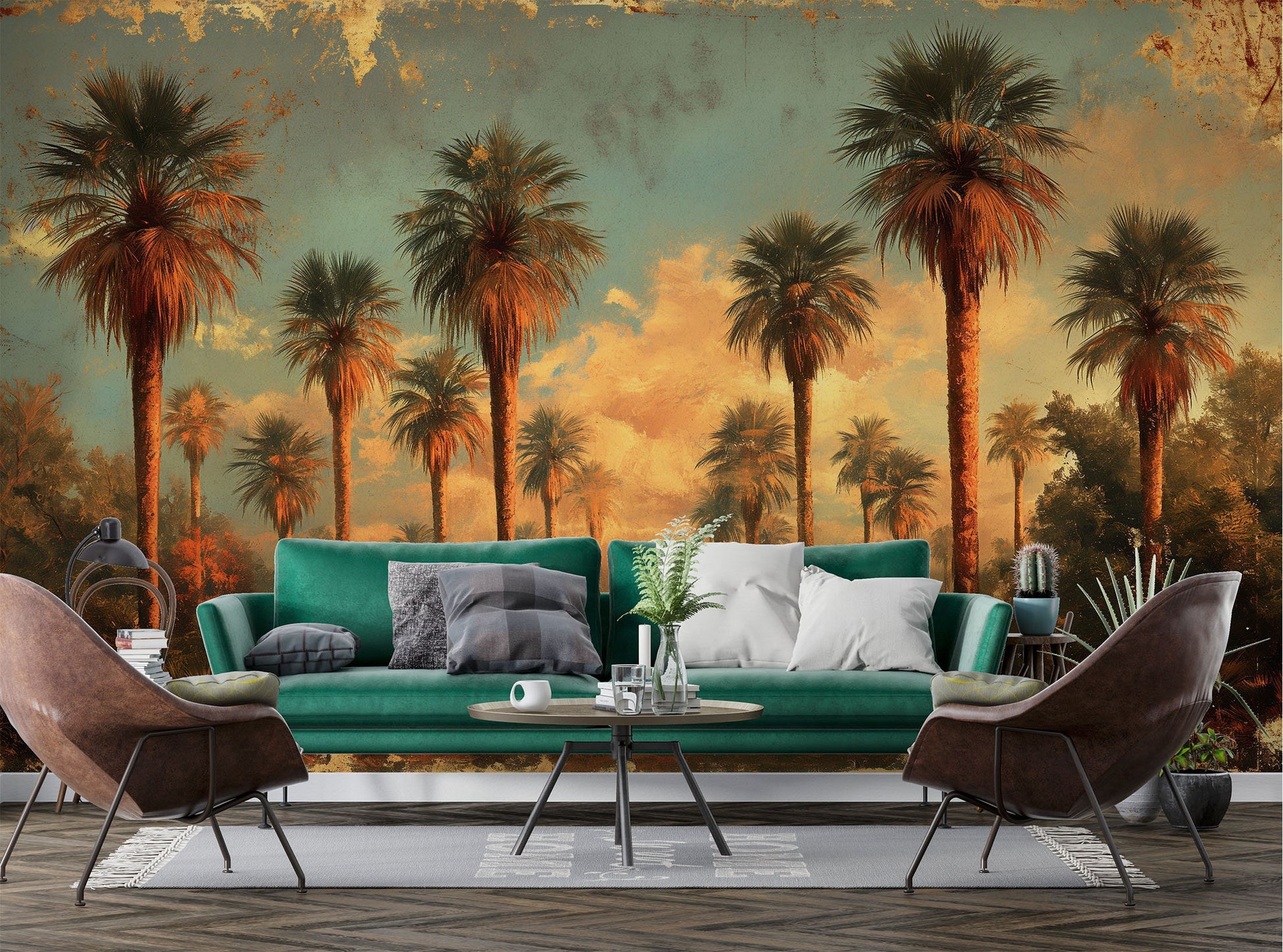 Self Adhesive Desert Oasis Tropical Wallpaper – detail view, Golden Era Walls