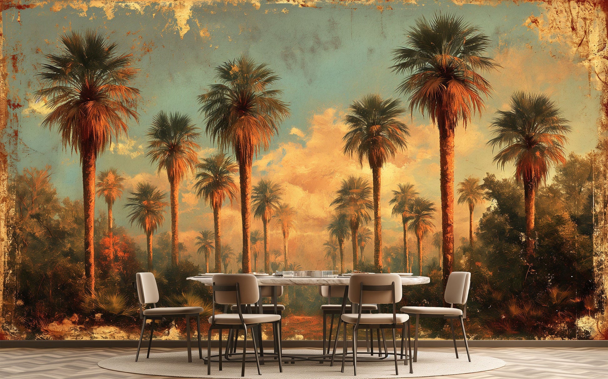 Self Adhesive Desert Oasis Tropical Wallpaper – peel and stick wallpaper mural, Golden Era Walls