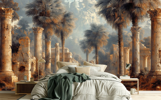 Ruins Palms Old Texture Stripe Wallpaper – room setting, Golden Era Walls
