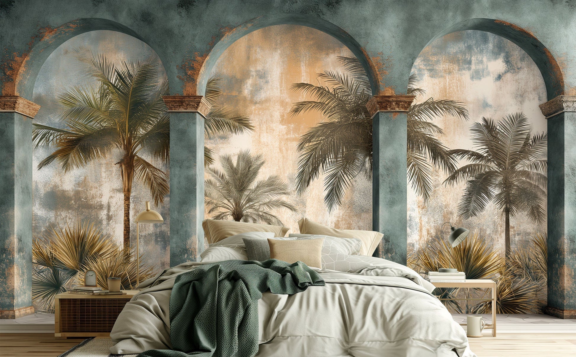 Tropical Arches Palm Trees Tropical Wallpaper – room setting, Golden Era Walls