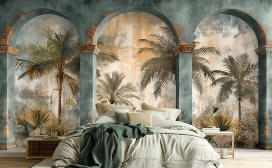 Tropical Arches Palm Trees Tropical Wallpaper – room setting, Golden Era Walls