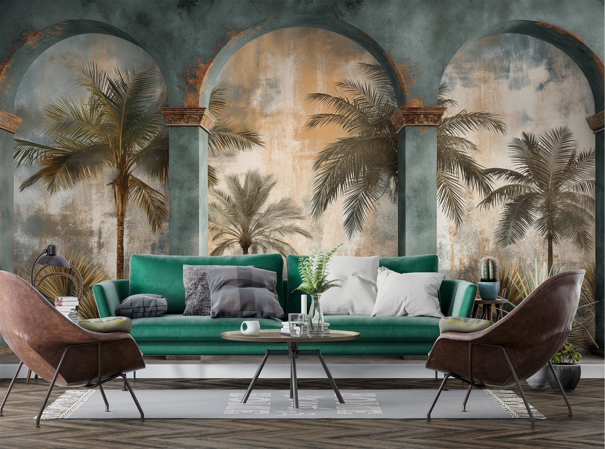 Tropical Arches Palm Trees Tropical Wallpaper – peel and stick wallpaper mural, Golden Era Walls